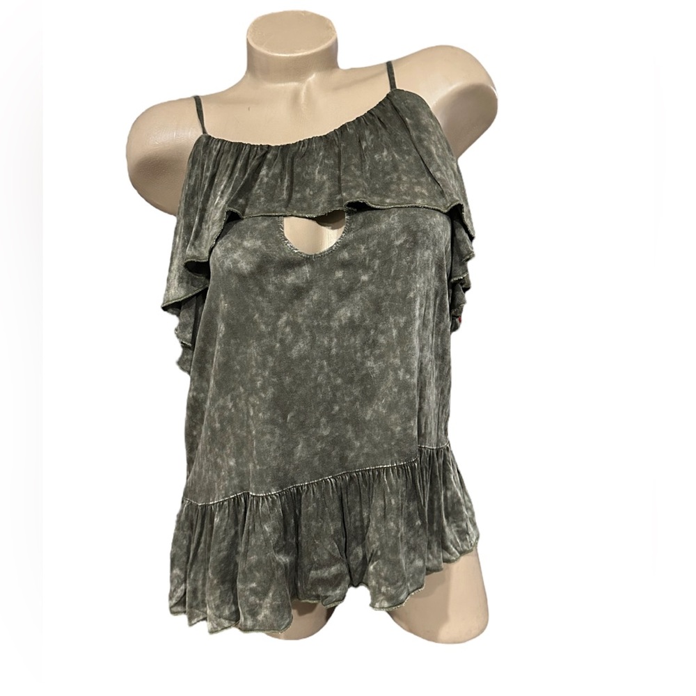 Chaser Tie Dye Tank Top Olive Green Keyhole Tiered Medium NEW NWT